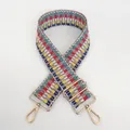 Close-up of adjustable woven purse strap with colorful geometric embroidery and gold hardware - Red Yellow Blue Green White Block (B50+Gold Hook)