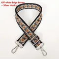 Close-up of geometric jacquard canvas bag strap with silver metal hooks and buckle - Cream Edge Brown + Silver Hooks