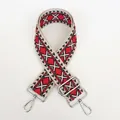 Close-up of ethnic geometric jacquard bag strap with silver metal lobster clasps - Pattern B15 + Silver Hardware