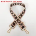 Adjustable wide canvas shoulder strap with geometric diamond jacquard and gold metal hooks - Black Brown + Gold Hooks