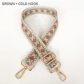 Close-up of geometric jacquard canvas bag strap in brown and green with gold buckles - Brown + Gold Hook