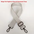 Detail of beige chevron strap with silver threads and gunmetal hardware lobster clips - Beige Herringbone & Gunmetal Hook