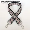 Detail of thickened canvas strap with pink diamond pattern and silver metal hooks - Black Pink Silver Hook