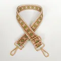 Detail of adjustable geometric canvas bag strap with gold hooks and retro patterns - Beige Brown Green + Gold Hooks