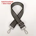 Detail of adjustable black and gold arrow pattern bag strap with silver metal hooks - Gold Arrow & Silver Hook