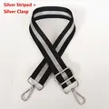 Detail of adjustable woven wide strap in black and striped silver with silver metal hook - Striped Silver & Silver Hook