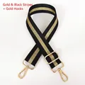 Detail of adjustable black and gold striped wide crossbody bag strap with metal hooks - Striped Gold & Gold Hook