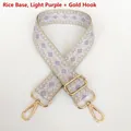 Close-up of beige and lavender geometric jacquard pattern webbing with gold metal hooks - Beige Base Light Purple + Gold Hook