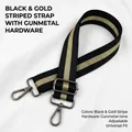 Detail of adjustable black and gold striped shoulder strap with gunmetal swivel hooks - Striped Gold & Gunmetal Hook