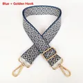 Detail of adjustable blue and beige geometric jacquard strap with gold metal hooks - Blue + Gold Hook