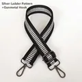 Detailed view of wide black crossbody bag strap with silver pattern and gunmetal hooks - Silver Ladder Pattern & Gunmetal Hook