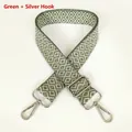 Detail of green diamond pattern woven bag strap with silver metal hooks and buckle - Green + Silver Hook