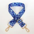 Detail of adjustable blue Paisley patterned wide handbag strap with gold metal hooks - Blue Paisley + Gold Hook