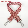 Detail view of red and white geometric jacquard canvas bag strap with silver metal hooks - Red + Silver Hook