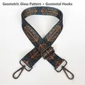 Close-up of colorful stained glass pattern bag strap with gunmetal lobster clasps - Kaleidoscope Pattern + Gunmetal Hook