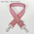 Detail of rose pink and beige geometric jacquard canvas bag strap with silver metal hooks - Rose Pink + Silver Hook