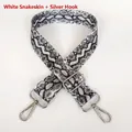 Detail of adjustable snakeskin pattern bag strap with silver metal swivel hooks - White Snakeskin + Silver Hook