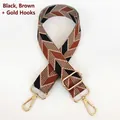Detail of adjustable thick canvas strap with black and brown geometric arrow patterns - Black Brown + Gold Hooks