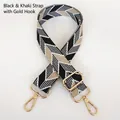 Detail of adjustable canvas strap with black and khaki geometric arrow pattern and gold hooks - Black Khaki + Gold Hooks