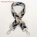 Detail of adjustable woven canvas bag strap with silver metal lobster hooks and patterns - Black Khaki + Silver Hooks