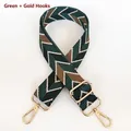 Detail of green and brown woven geometric strap with adjustable gold swivel metal hook - Green + Gold Hook