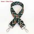 Close-up of adjustable green chevron canvas bag strap with silver metal swivel hooks - Green + Silver Hook