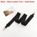 Black wide nylon shoulder strap with leather ends and gold metal rotating hooks - Black Stripe with Black Leather and Gold Hook