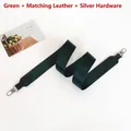 Detail view of dark green woven bag strap with matching leather ends and silver hooks - Green + Green Leather + Silver Hook