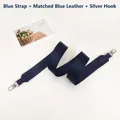 Detail of dark blue fabric bag strap with matching leather ends and silver metal hooks - Blue + Blue Leather + Silver Hook
