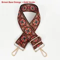 Detail of bohemian geometric woven wide bag strap in brown and orange with gold metal hooks - Brown Base Orange + Gold Hook