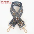 Macro detail of lake blue and khaki woven shoulder strap with gold metal swivel hooks - Lake Blue Base Khaki + Gold Hook