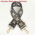 Close-up of grey wide woven bag strap with khaki blue geometric patterns and gold metal hooks - Gray Base Khaki + Gold Hook