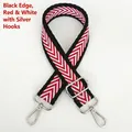 Detail view of red, white, and black herringbone strap with silver metal swivel hooks - Black Edge Red White + Silver Hook