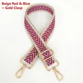 Detail view of woven chevron bag strap in red and blue with adjustable gold hooks - Beige Edge Red Blue + Gold Hook