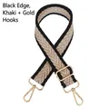 Close-up of adjustable woven purse strap with khaki chevron pattern and gold metal hooks - Black Edge Khaki + Gold Hook
