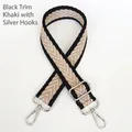 Detail of adjustable khaki chevron canvas bag strap with silver metal swivel hooks - Black Edge Khaki + Silver Hook
