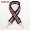Detail of wide canvas bag strap with burgundy V-shape pattern and silver metal hooks - Black Edge Wine Red + Silver Hook