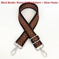 Detail view of woven arrow pattern canvas bag strap with silver metal lobster clasps - Black Edge Coffee Brown + Silver Hook
