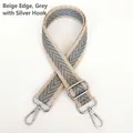 Detail of adjustable gray herringbone canvas strap with silver metal hooks and buckle - Beige Edge Gray + Silver Hook
