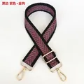 Detail view of purple and taupe chevron canvas strap with gold metal hooks and black edges - Black Edge Purple + Gold Hook