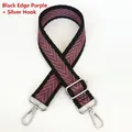 Detail of adjustable woven purse strap with purple V-shaped pattern and silver hardware - Black Edge Purple + Silver Hook