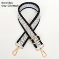 Macro shot of grey herringbone canvas strap with black edges and gold metal snap hooks - Black Edge Gray + Gold Hook