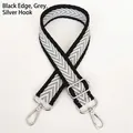 Detail of adjustable black and grey chevron canvas bag strap with silver metal lobster clasps - Black Edge Gray + Silver Hook