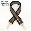 Close-up of chevron woven wide bag strap with black and grey coffee pattern and gold metal hooks - Black Edge Grey Coffee + Gold Hook