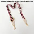 Bandoulière tissée réglable avec motif à carreaux noir et rose et mousquetons dorés - Beige Noir Rose + Garniture Blanc Cassé
