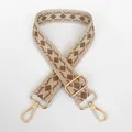 Detail view of woven diamond pattern bag strap in beige and dark khaki with gold hooks - Beige Base Dark Khaki + Gold Hook