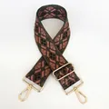Detail of adjustable canvas bag strap with colorful woven diamond pattern and gold metal hook - Brown-Pink-Green Diamond Pattern (B84)