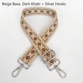 Close-up of geometric diamond pattern on thick canvas bag strap with silver metal buckles - Beige Base Dark Khaki + Silver Hook