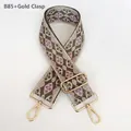 Close-up of geometric pattern on wide woven bag strap with golden lobster clasps - Purple-Green-Beige Diamond Pattern (B85)
