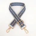 Detail of adjustable thick canvas bag strap with blue and khaki geometric diamond pattern - Beige Base Blue Khaki + Gold Hook